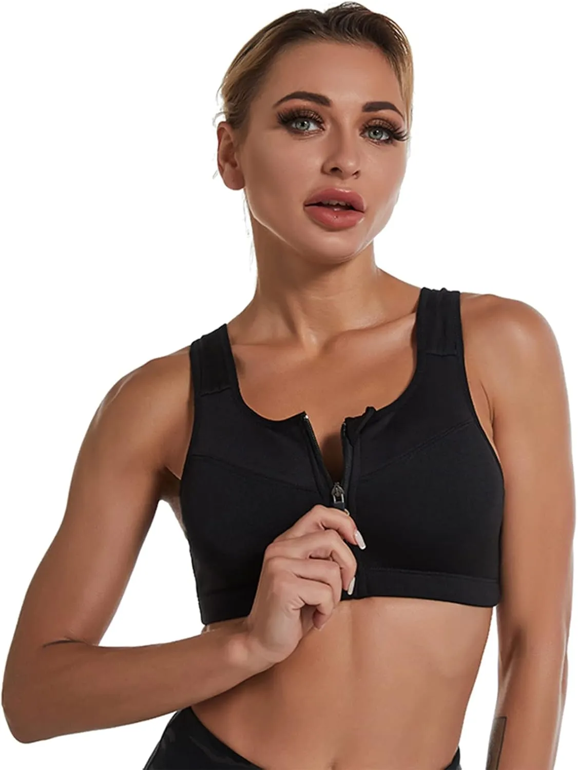 ANUFER Womens 2 Pack High Impact Sports Bra - Zip Front - Wirefree and Removable Pads - Racerback Yoga Sports Tank Top