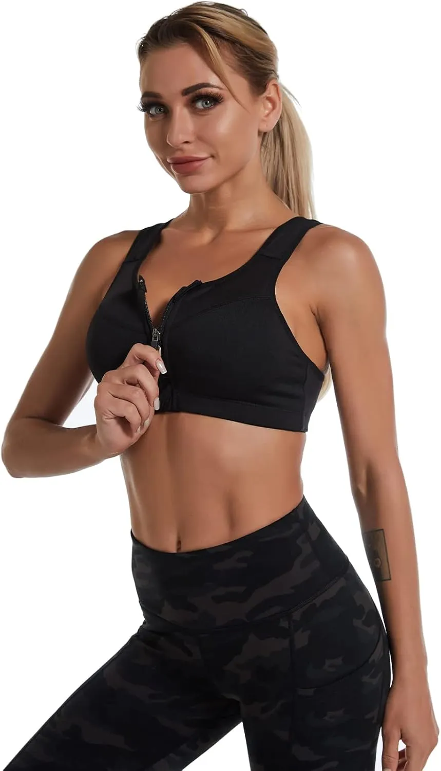ANUFER Womens 2 Pack High Impact Sports Bra - Zip Front - Wirefree and Removable Pads - Racerback Yoga Sports Tank Top