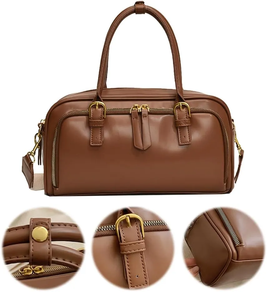 Arcadie PU Leather Top Handle Bag Multi-Pocket Bowling Bag Hobo Boston Tote Crossbody Shoulder Bag for Work Travel