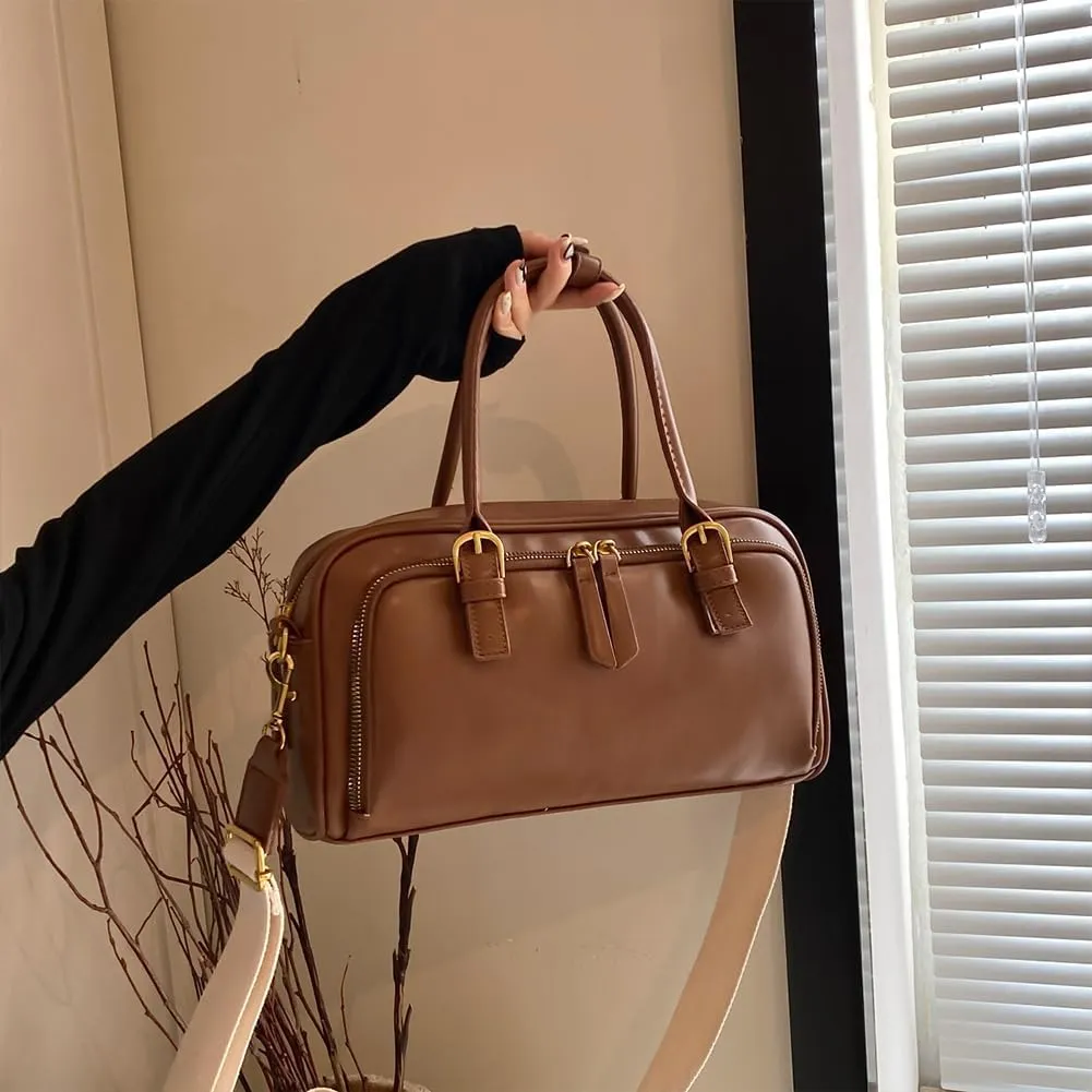 Arcadie PU Leather Top Handle Bag Multi-Pocket Bowling Bag Hobo Boston Tote Crossbody Shoulder Bag for Work Travel