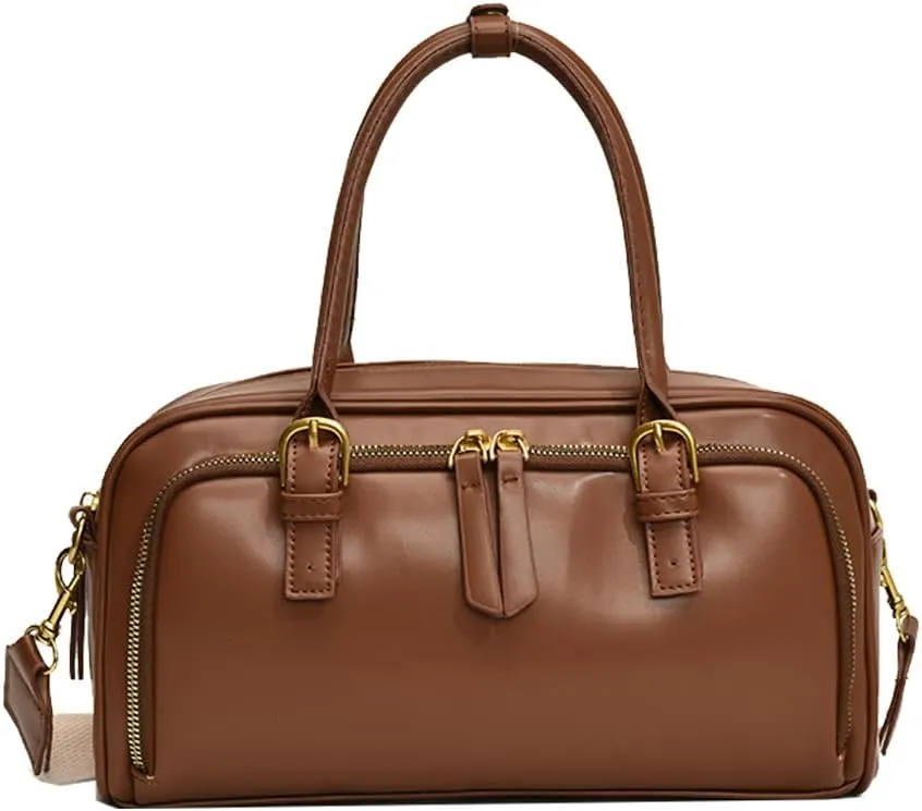 Arcadie PU Leather Top Handle Bag Multi-Pocket Bowling Bag Hobo Boston Tote Crossbody Shoulder Bag for Work Travel