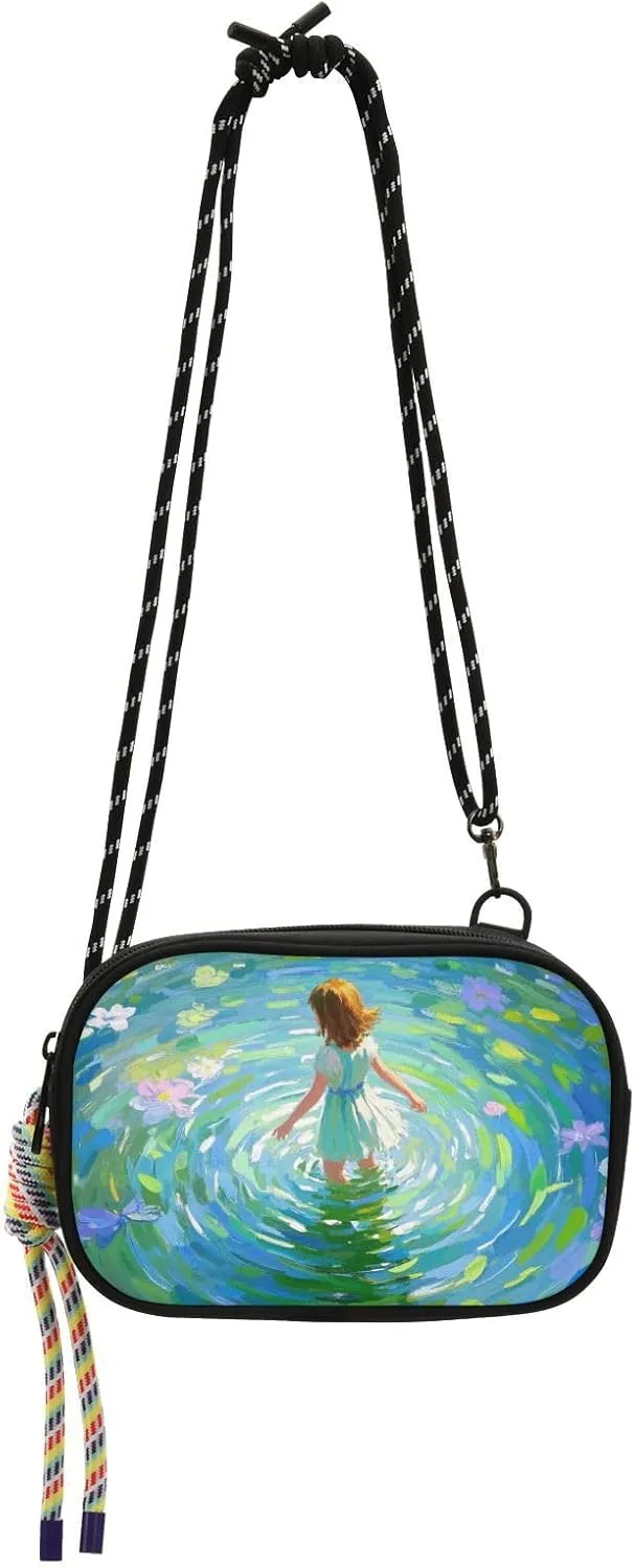 Art Oil Painting Pond Girl Sling Purse Crossbody for Women Comfort with Credit Card Slots Over Shoulder Purse Walk dog