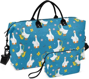 Aslsiy Travel Duffel Bags for Women Cute Cartoon Goose Sport Duffel Bag Yellow Flower Blue Weekender Bag Gym Bag with Toiletry Bag Carry on Overnight Bag