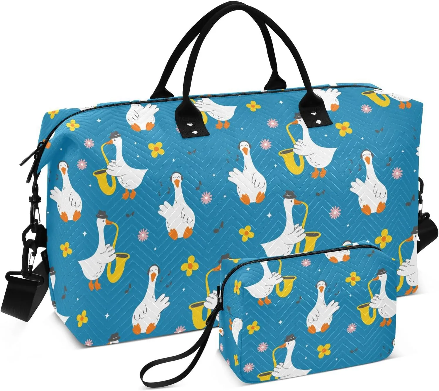 Aslsiy Travel Duffel Bags for Women Cute Cartoon Goose Sport Duffel Bag Yellow Flower Blue Weekender Bag Gym Bag with Toiletry Bag Carry on Overnight Bag