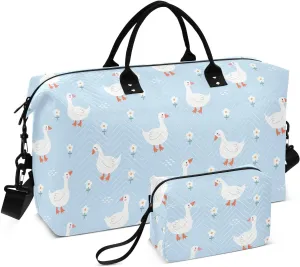 Aslsiy Travel Duffel Bags for Women Cute Goose on Blue Sports Duffel Bag Flower Weekender Bags Gym Bag with Toiletry Bag Carry on Overnight Bag