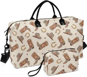 Aslsiy Travel Duffel Bags for Women Western Cowboy Cowgirl Sports Duffel Bag Lucky Horse Shoe Weekender Bags Gym Bag with Toiletry Bag Carry on Overnight Bag