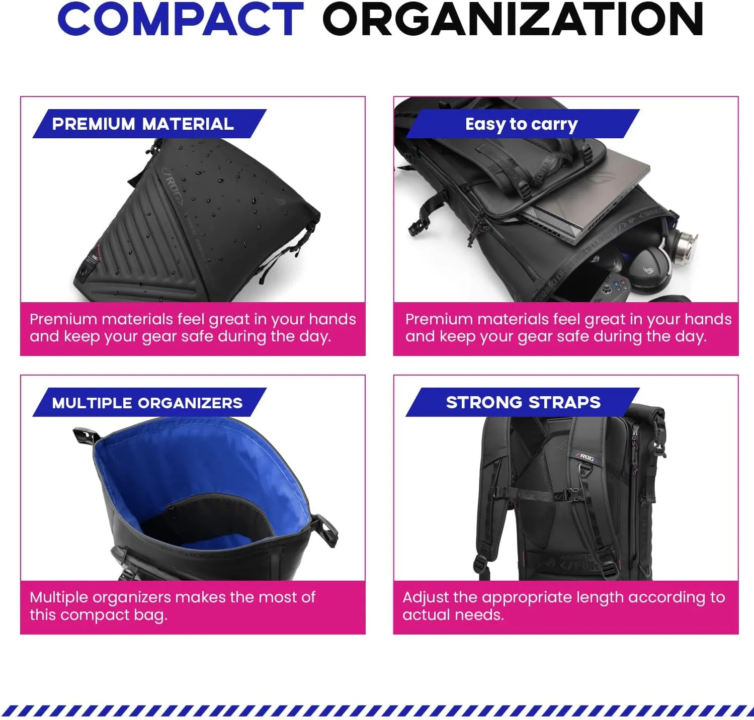 ASUS ROG Slash Backpack 4.0​, Fit 18" Laptop, Adaptor, and Mouse, Tear-Resistant, Water-Repellent, PU Leather, Adjustable Roll Top, Side Zipper, Multiple Pockets, Black