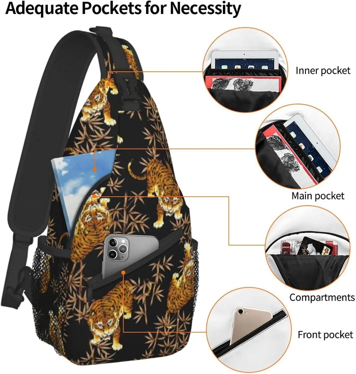 ASYG Tiger Sling Bag Casual Crossbody Shoulder Backpack Cool Chest Daypack For Men Sport Hiking Travel