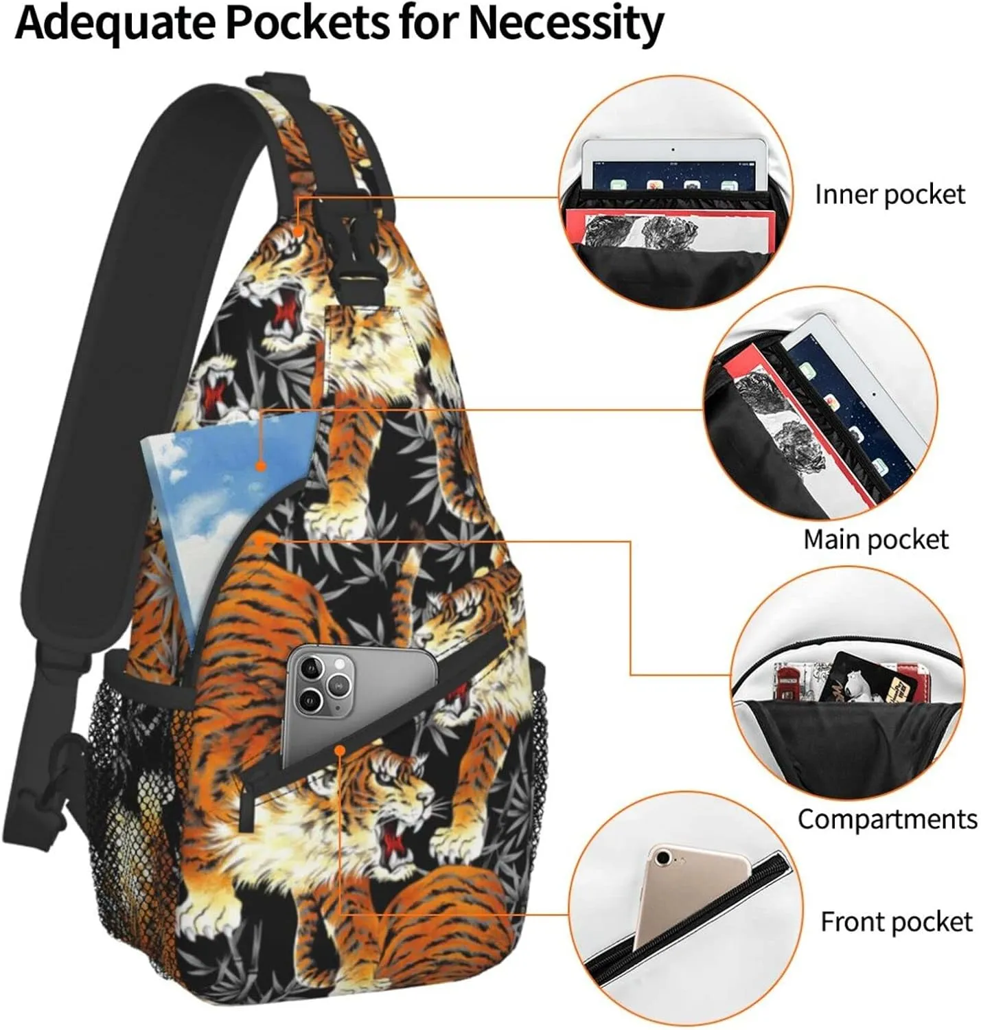 ASYG Tiger Sling Bag Casual Crossbody Shoulder Backpack Cool Chest Daypack For Men Sport Hiking Travel