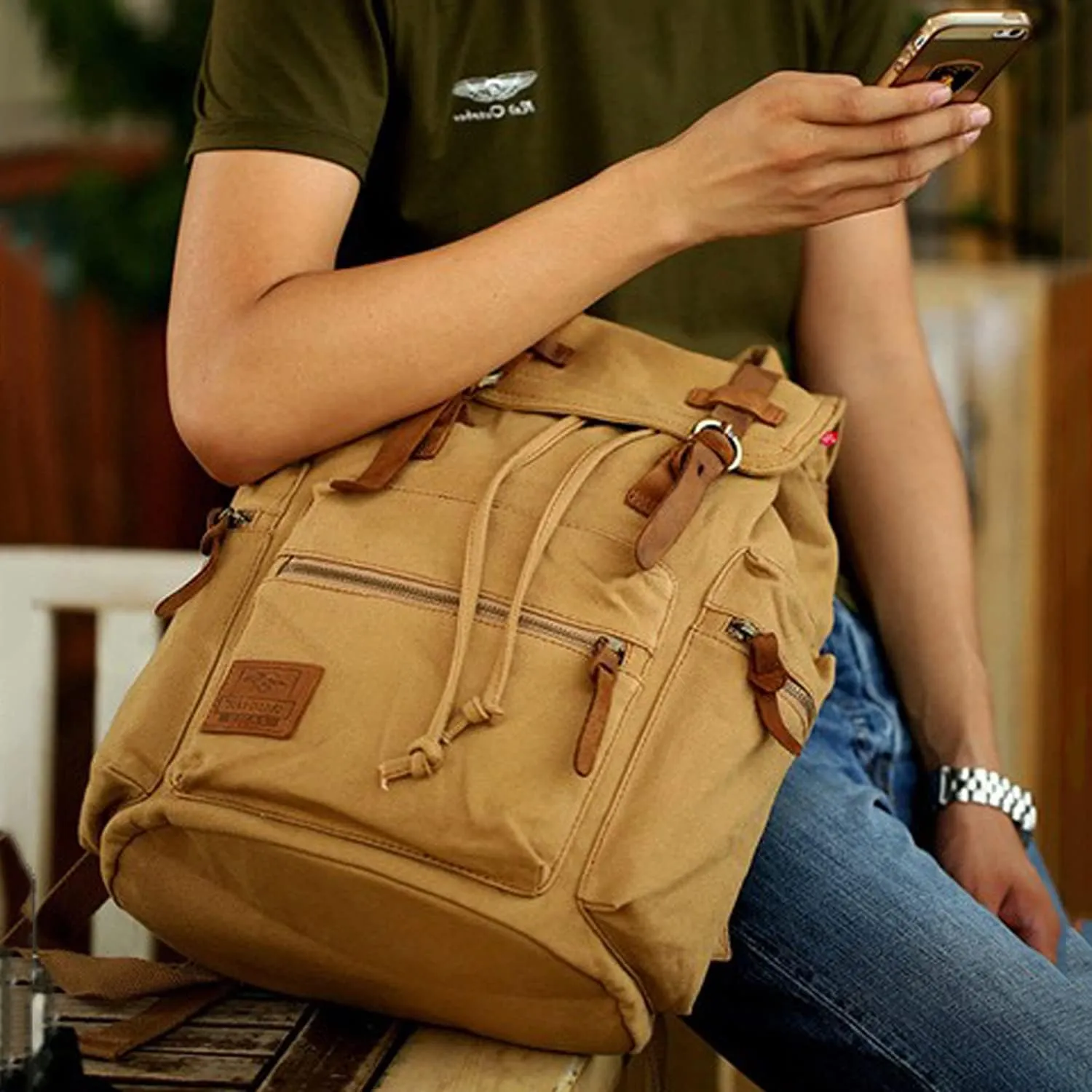 AUGUR High Capacity Canvas Vintage Backpack - for School Travel 12-15" Laptop Backapcks for Men Casual Daypacks Rucksack (M-Khaki)