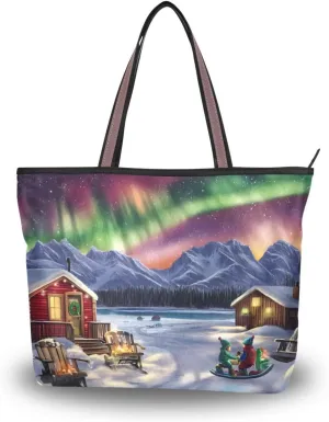 Aurora Winter Landscape Tote Bag for Women Durable Designer Handbag with Zipper for Daily Use Travel L
