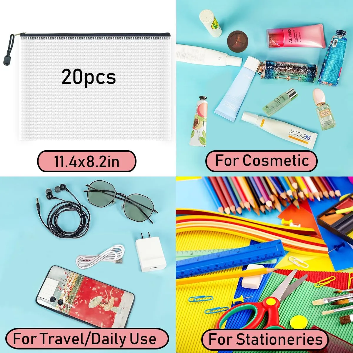 AUSTARK 20 Pcs Zipper File Bags, Plastic Mesh Pouch, Board Game Storage Bag, Waterproof Bags for Office School (B5 Size 11.4''x8.2'', White and Black)