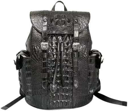 Authentic Crocodile Skin Drawstring Closure Male Black Casual Backpack Genuine Alligator Leather Men's Large Travel Bag Pack