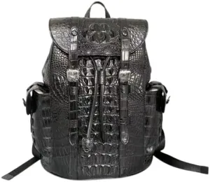 Authentic Crocodile Skin Drawstring Closure Male Black Casual Backpack Genuine Alligator Leather Men's Large Travel Bag Pack