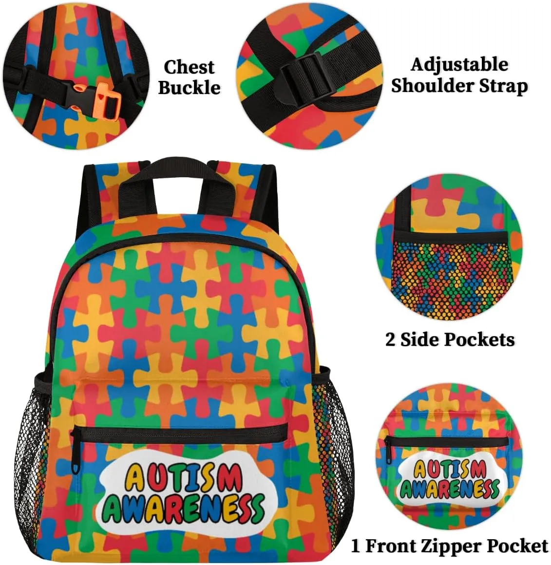 Autism Awareness Backpack for Boys Girls, Waterproof 12 In Kids Toddler Backpack Casual Daypack Kindergarten Preschool Bookbag Travel Bag Snack Bag with Chest Strap for Children Back to School