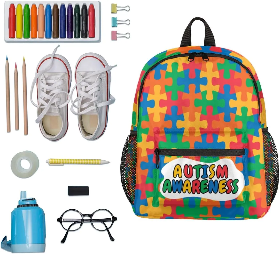 Autism Awareness Backpack for Boys Girls, Waterproof 12 In Kids Toddler Backpack Casual Daypack Kindergarten Preschool Bookbag Travel Bag Snack Bag with Chest Strap for Children Back to School