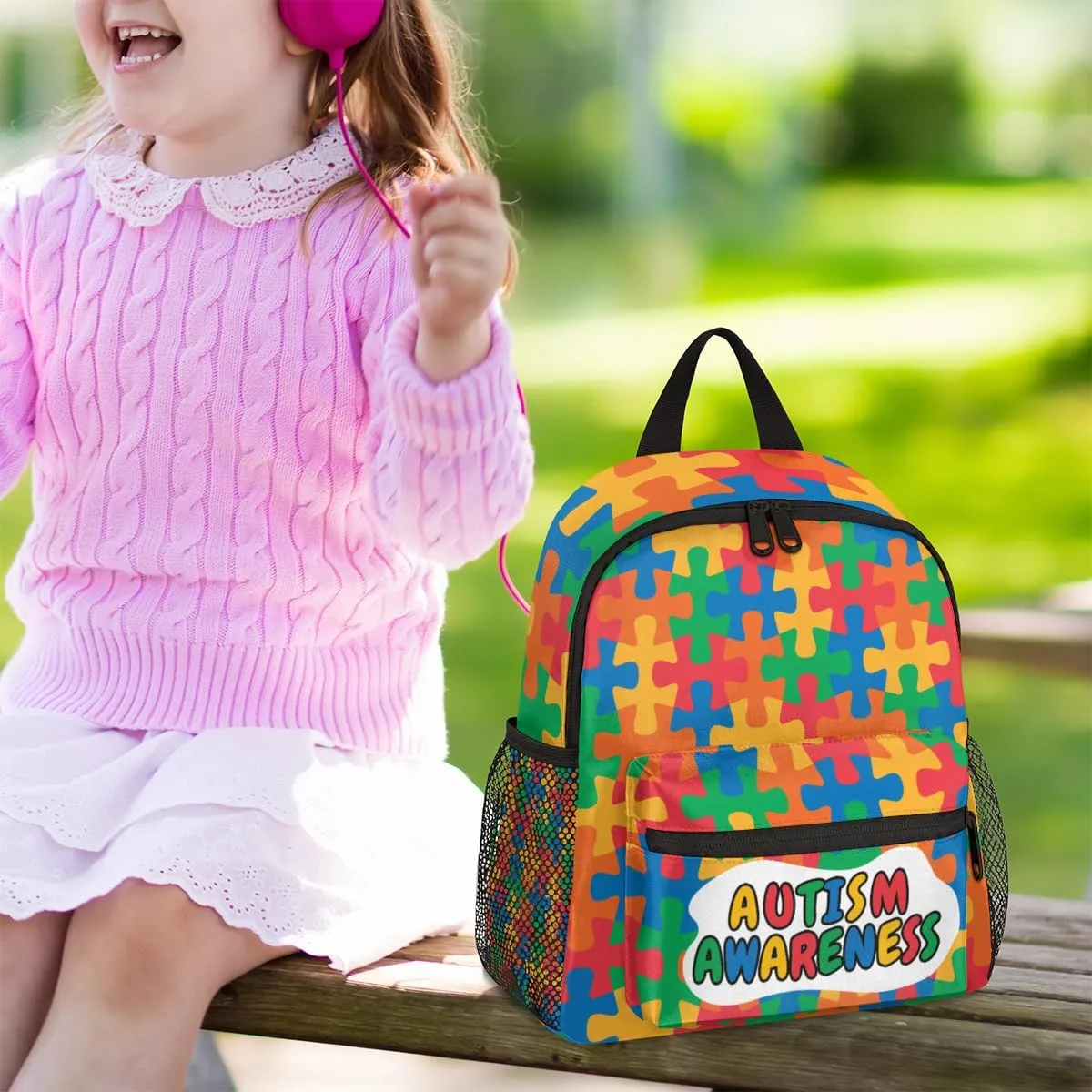 Autism Awareness Backpack for Boys Girls, Waterproof 12 In Kids Toddler Backpack Casual Daypack Kindergarten Preschool Bookbag Travel Bag Snack Bag with Chest Strap for Children Back to School