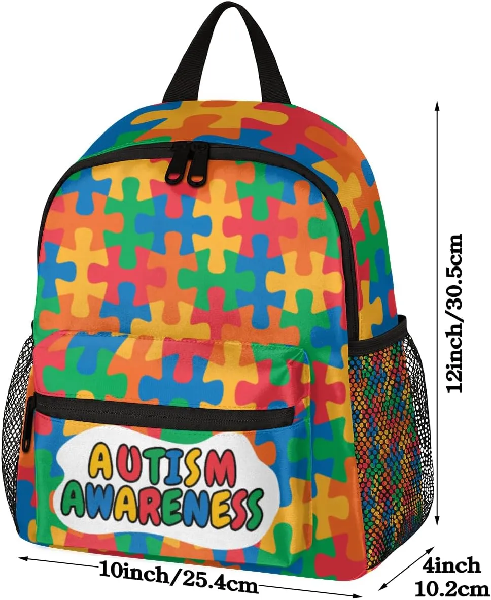 Autism Awareness Backpack for Boys Girls, Waterproof 12 In Kids Toddler Backpack Casual Daypack Kindergarten Preschool Bookbag Travel Bag Snack Bag with Chest Strap for Children Back to School