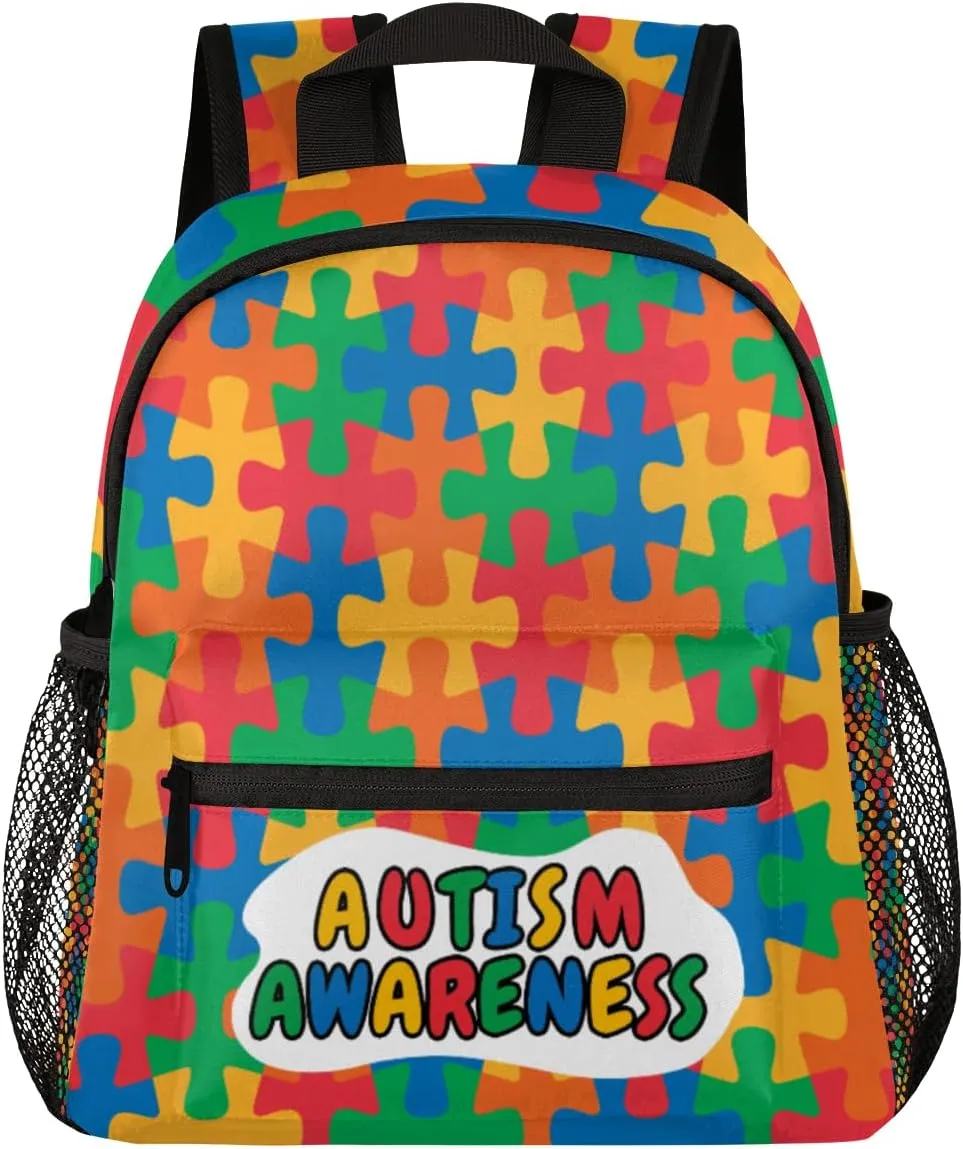 Autism Awareness Backpack for Boys Girls, Waterproof 12 In Kids Toddler Backpack Casual Daypack Kindergarten Preschool Bookbag Travel Bag Snack Bag with Chest Strap for Children Back to School