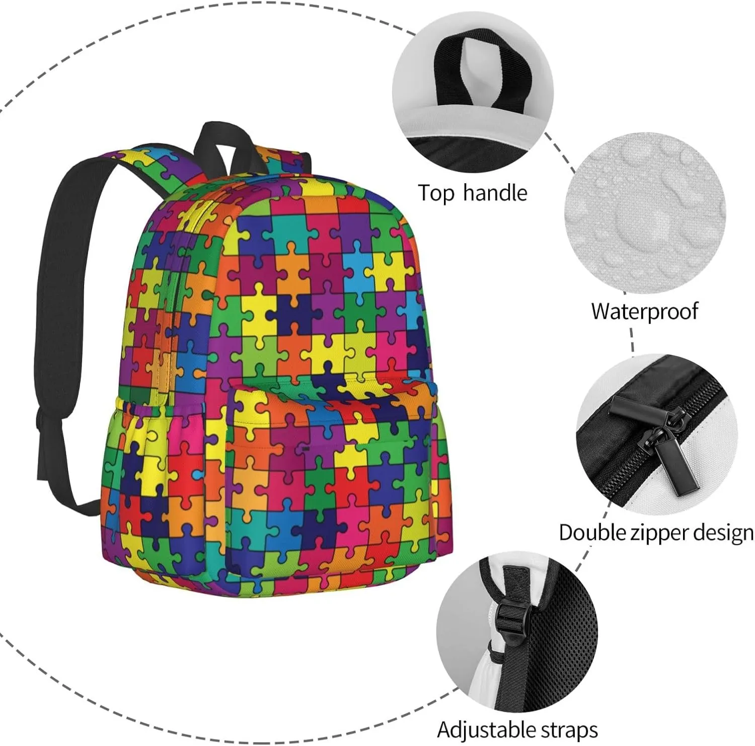 Autism Awareness Waterproof Backpack Adjustable Shoulder Straps Bag Large Capacity Casual Daypack Bookbag For Travel Work