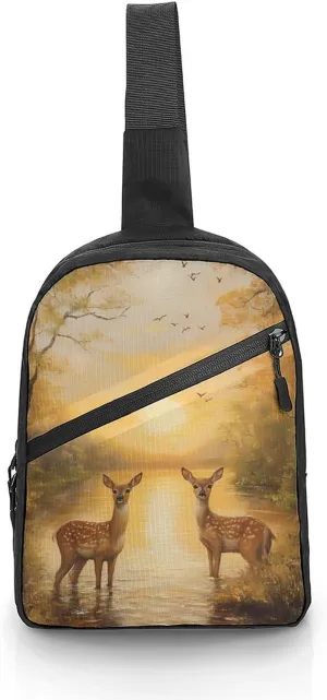 Autumn Deers at Sunset by The Lake Chest Bag Foldable Crossbody Unisex Pack Travel Hiking Adjustable Shoulder Straps Sling Bags
