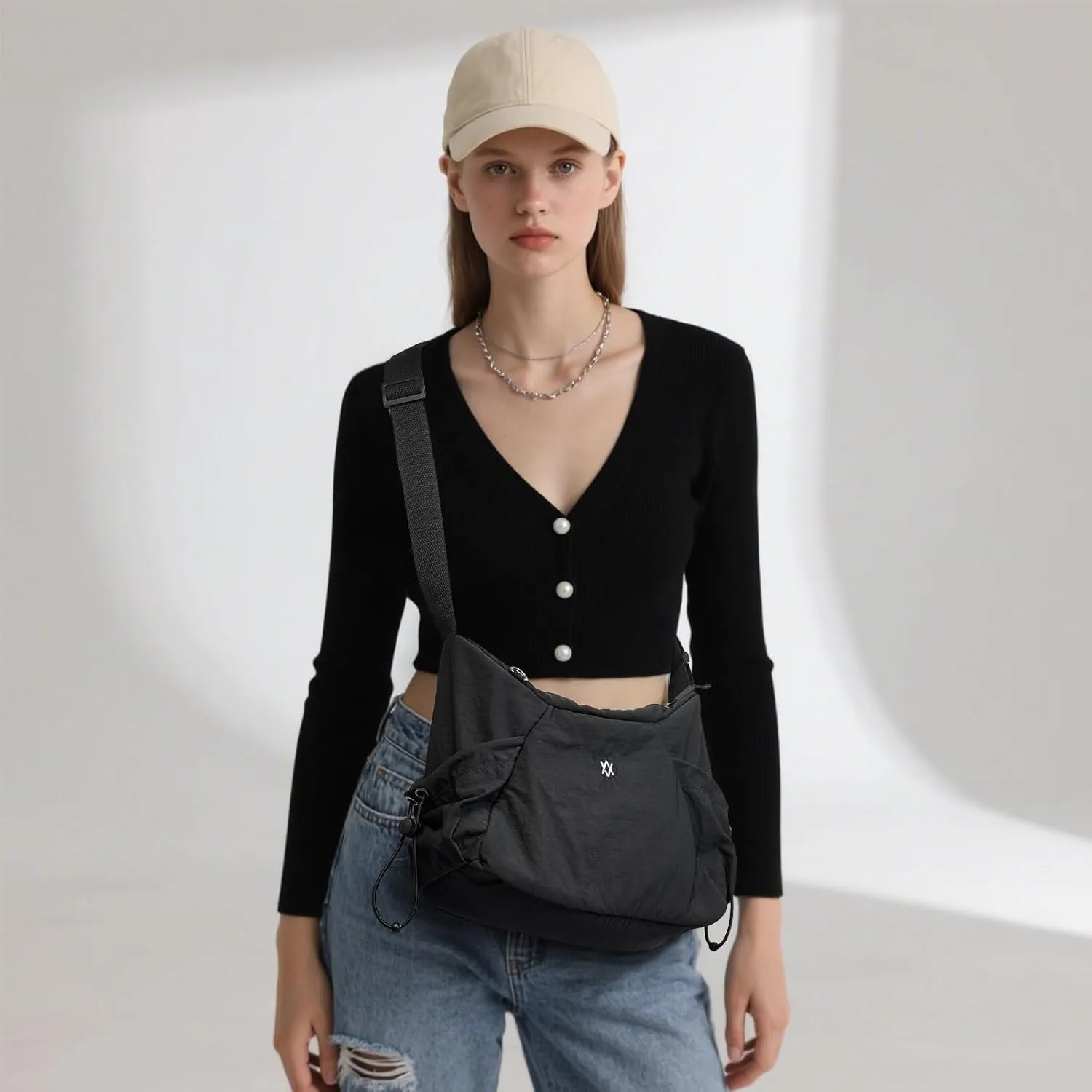 Axcone Hobo Bag for Women Nylon Crossbody Bag Multi-Pocket Sling Bag Roomy Lightweight Casual Shoulder Bag Adjustable Strap