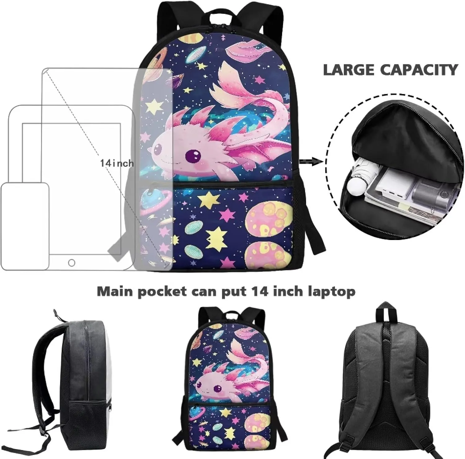 Axolotl Backpack for School Girls Bookbag Age 8-10/10-12 Space Galaxy Book Bags for Kids 3th Grade/2nd Grade Elementary Middle School Bag Student Large Schoolbag