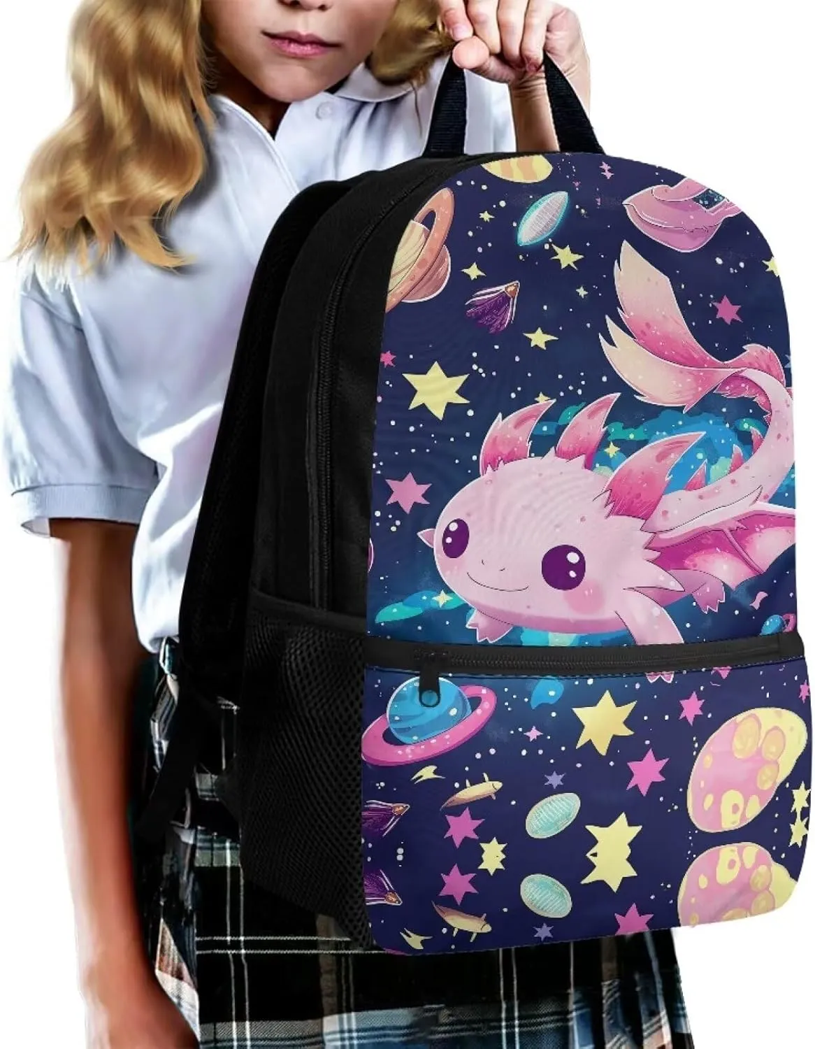 Axolotl Backpack for School Girls Bookbag Age 8-10/10-12 Space Galaxy Book Bags for Kids 3th Grade/2nd Grade Elementary Middle School Bag Student Large Schoolbag