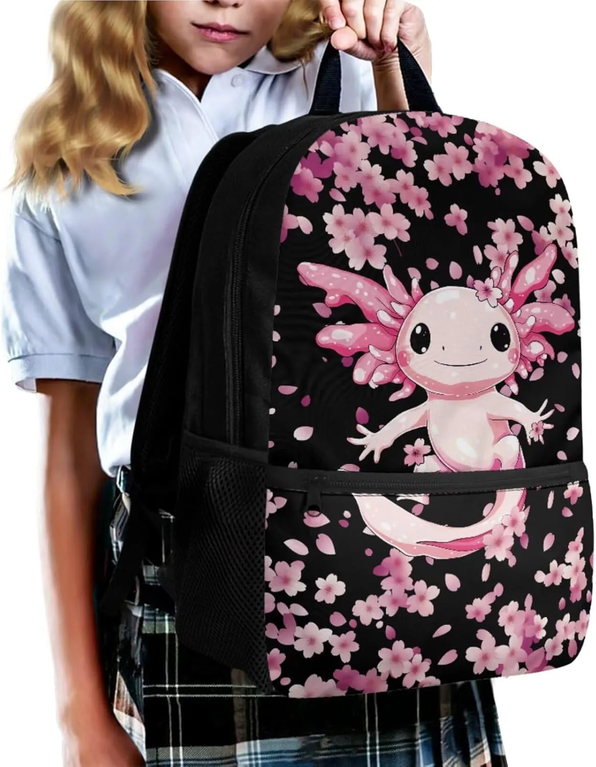 Axolotl Backpack for School Girls with Lunchbox Cherry Blossom Bookbags for 6th Grade Girls 4 in 1 Elementary School Bag for Kids Large Capacity Backpacks with Padding for Teens