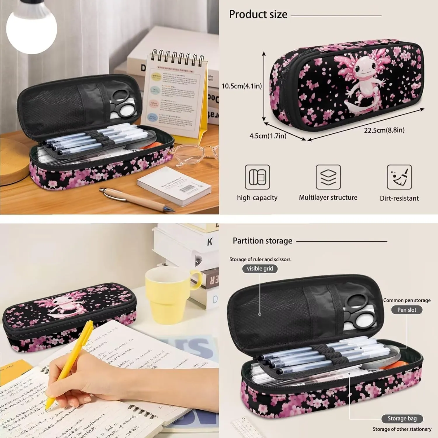 Axolotl Backpack for School Girls with Lunchbox Cherry Blossom Bookbags for 6th Grade Girls 4 in 1 Elementary School Bag for Kids Large Capacity Backpacks with Padding for Teens