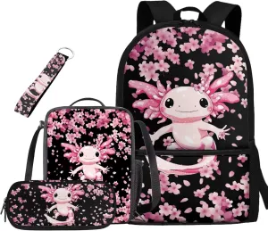 Axolotl Backpack for School Girls with Lunchbox Cherry Blossom Bookbags for 6th Grade Girls 4 in 1 Elementary School Bag for Kids Large Capacity Backpacks with Padding for Teens