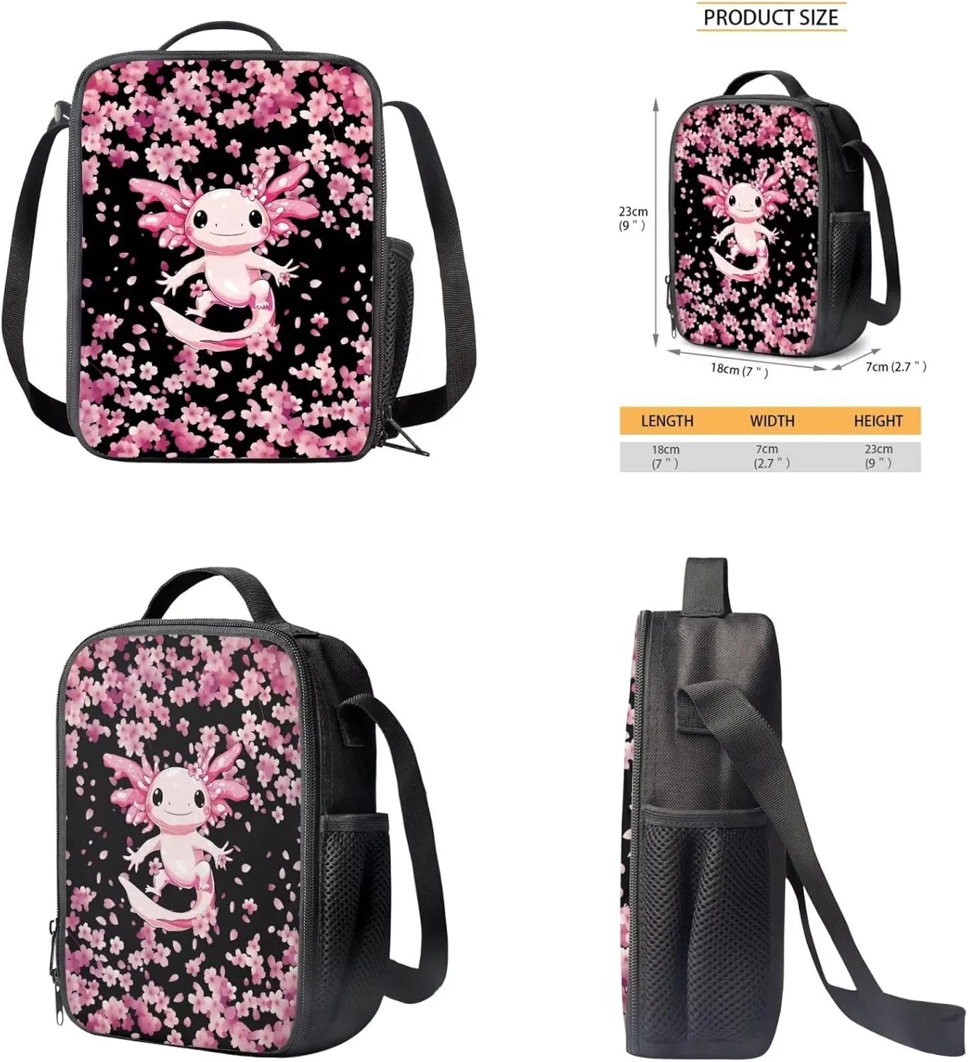 Axolotl Backpack for School Girls with Lunchbox Cherry Blossom Bookbags for 6th Grade Girls 4 in 1 Elementary School Bag for Kids Large Capacity Backpacks with Padding for Teens