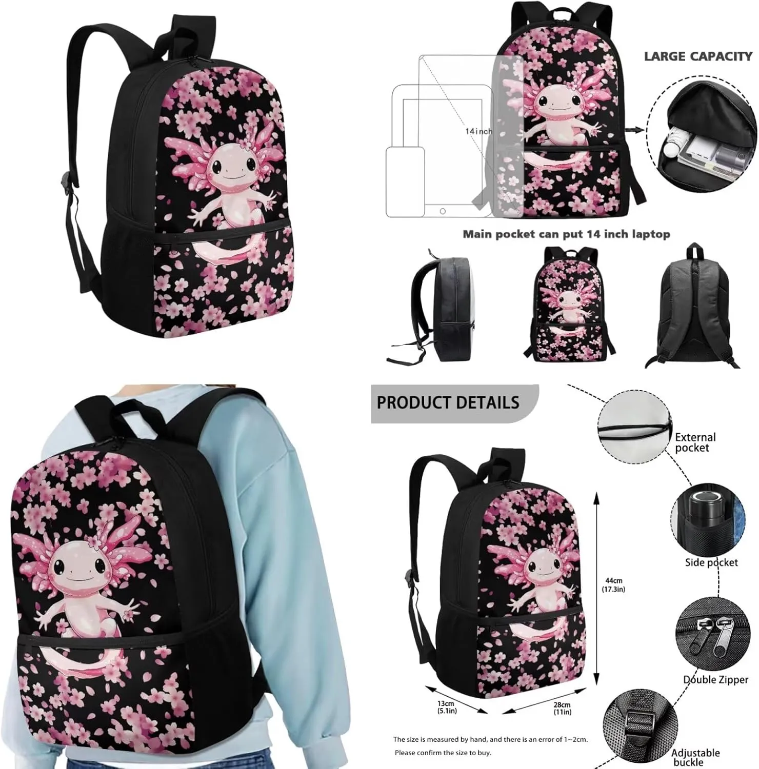 Axolotl Backpack for School Girls with Lunchbox Cherry Blossom Bookbags for 6th Grade Girls 4 in 1 Elementary School Bag for Kids Large Capacity Backpacks with Padding for Teens