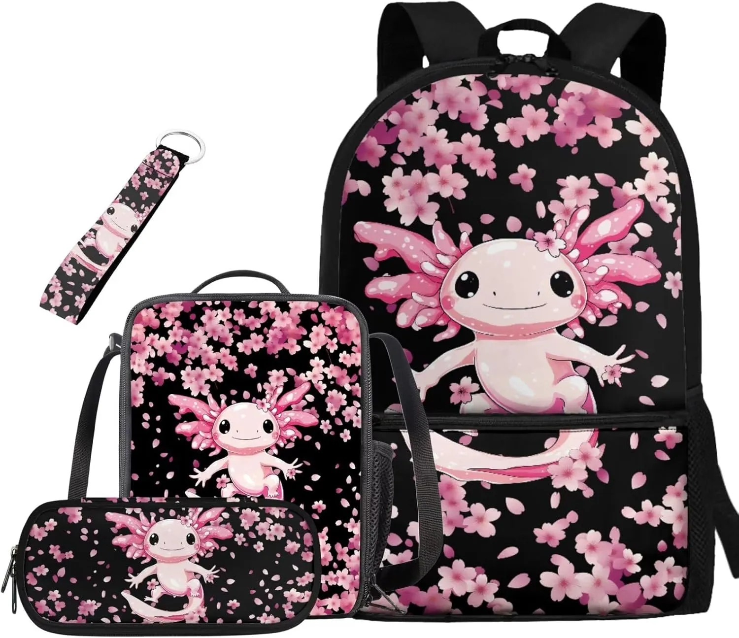Axolotl Backpack for School Girls with Lunchbox Cherry Blossom Bookbags for 6th Grade Girls 4 in 1 Elementary School Bag for Kids Large Capacity Backpacks with Padding for Teens
