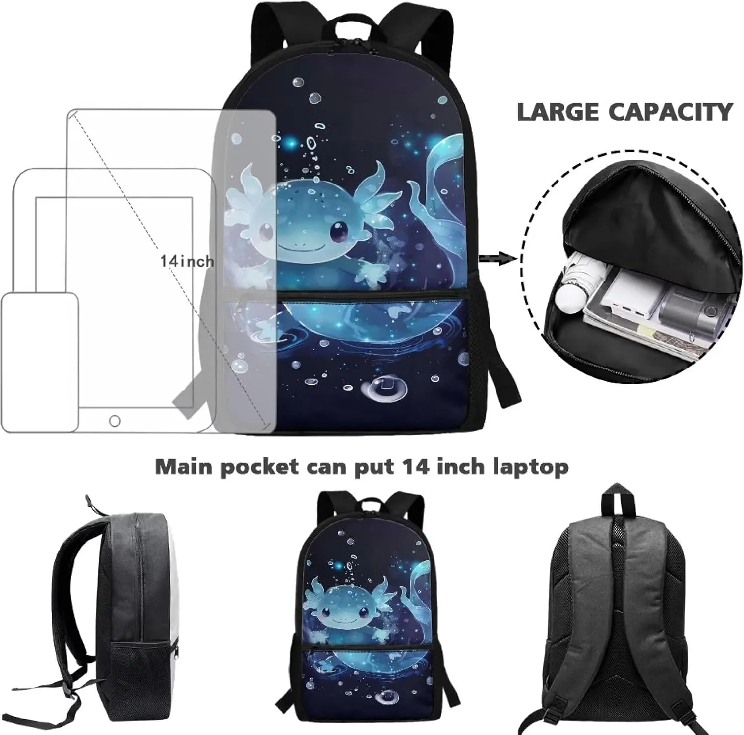 Axolotl School Backpack for Girls 8-10/10-12 Kids School Bag Student Elementary Bookbags for 6Th Grade Back Pack 17 Inch Large Capacity Book Bags with Side Pocket