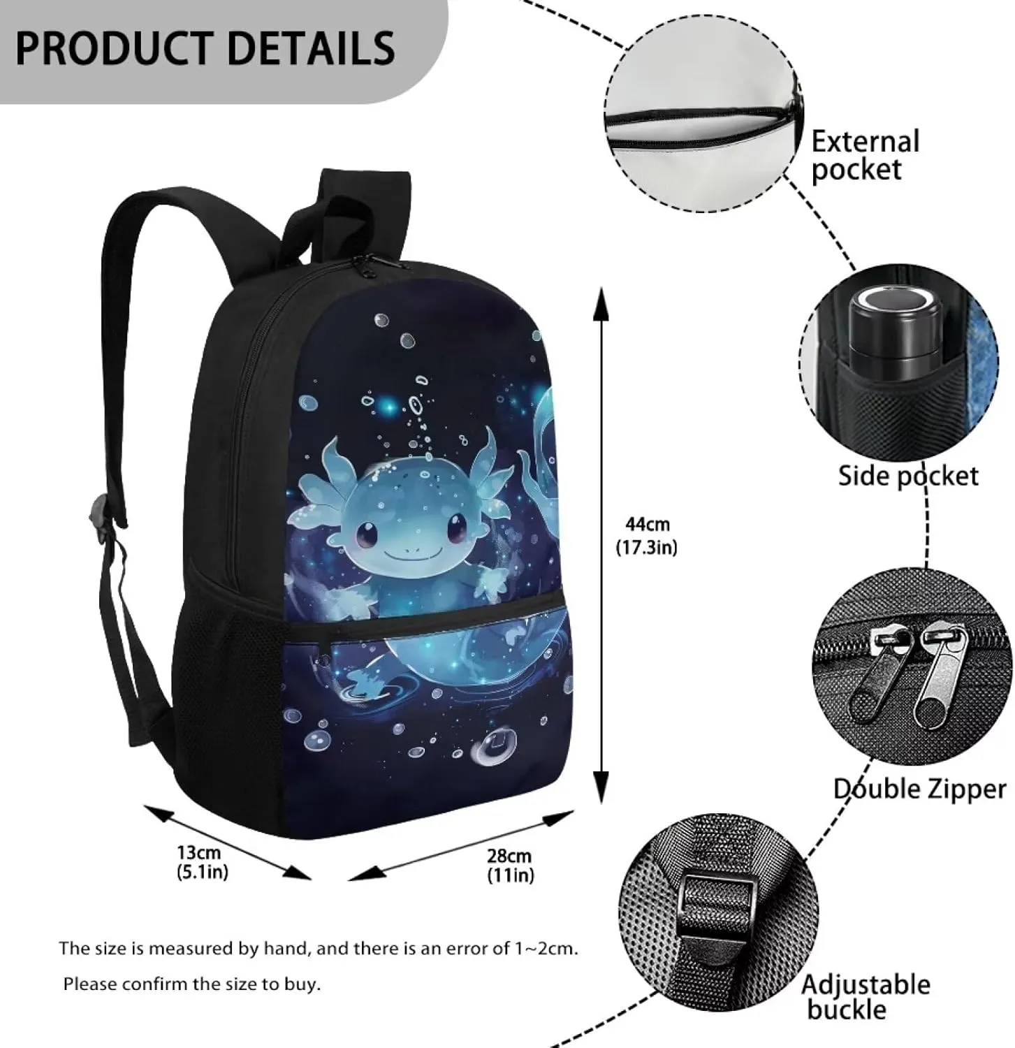 Axolotl School Backpack for Girls 8-10/10-12 Kids School Bag Student Elementary Bookbags for 6Th Grade Back Pack 17 Inch Large Capacity Book Bags with Side Pocket