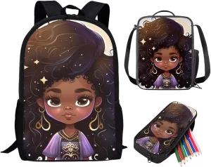 Back Girl Princess Backpacks for Teen Girls African American Elementary Middle School Bag with Lunch Bag Pencil Case Set 3 in 1,Kids Laptop Bookbag Student 16 inch