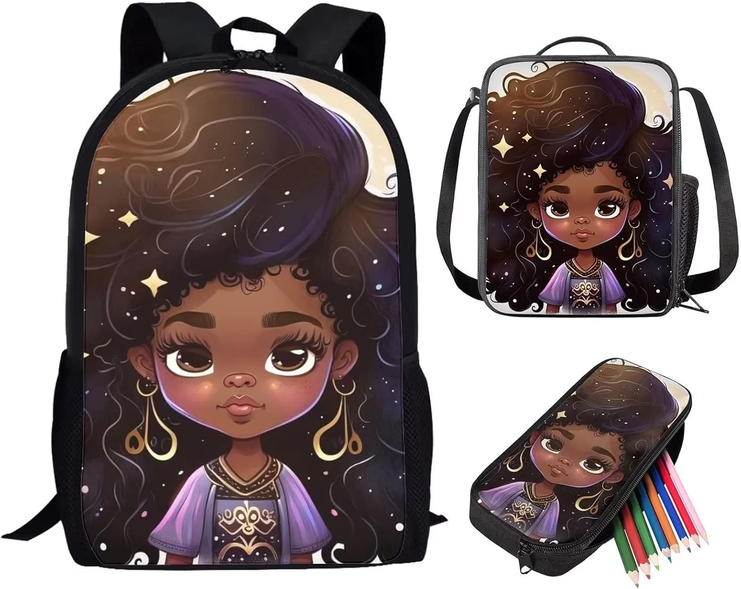Back Girl Princess Backpacks for Teen Girls African American Elementary Middle School Bag with Lunch Bag Pencil Case Set 3 in 1,Kids Laptop Bookbag Student 16 inch