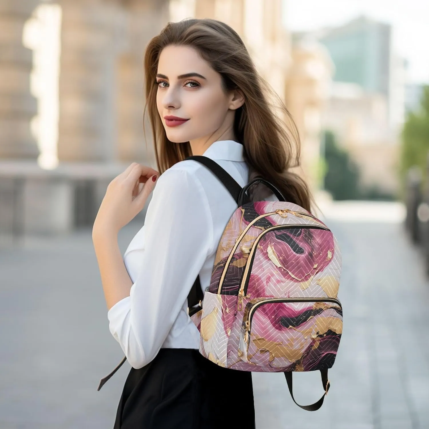 Backpack for Men and Women - Lightweight Laptop Backpack Casual Daypack for College Work Travel, Marble Gold Pink (8), Medium
