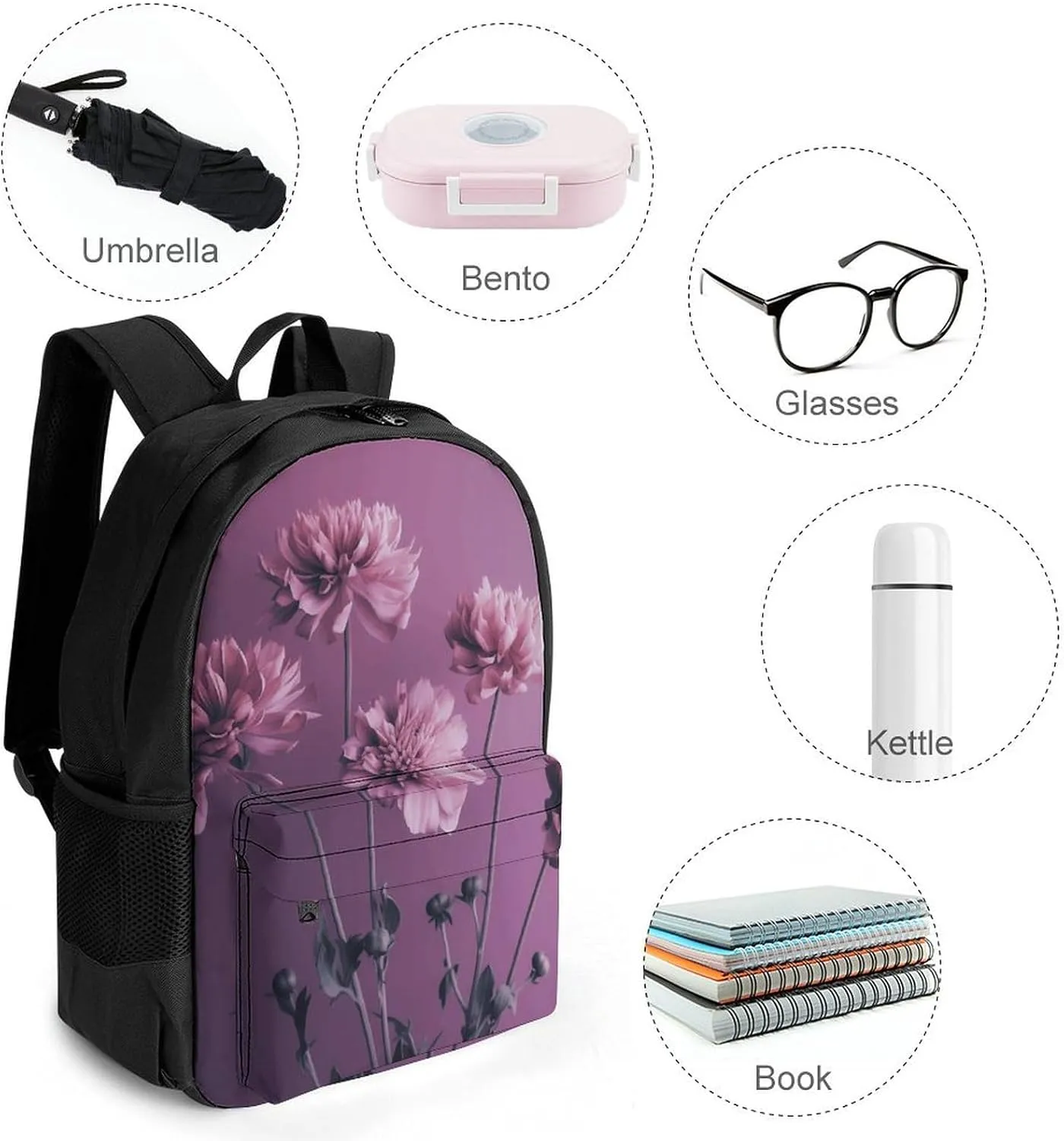Backpack for Men Women Laptop Backpack Flowers on Purple Background Casual Daypack Laptop Bag for Travel