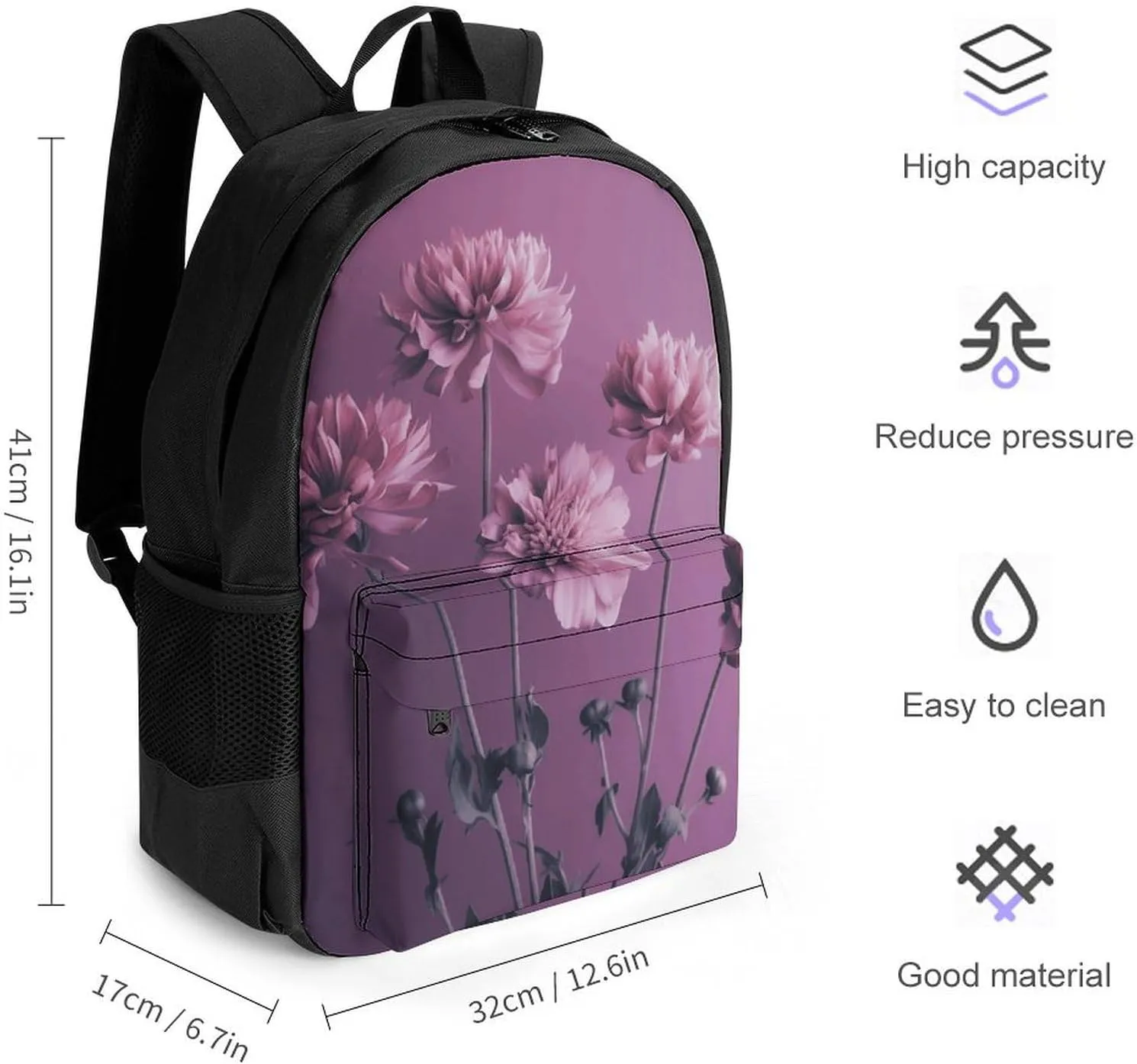 Backpack for Men Women Laptop Backpack Flowers on Purple Background Casual Daypack Laptop Bag for Travel