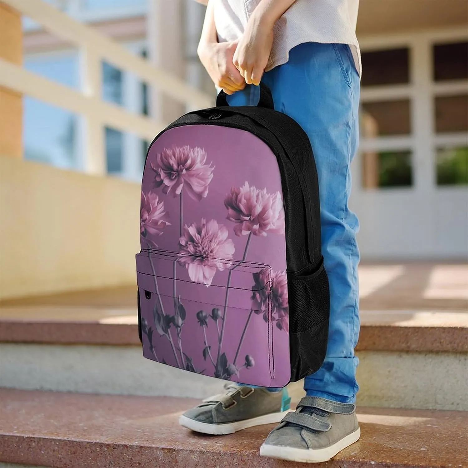 Backpack for Men Women Laptop Backpack Flowers on Purple Background Casual Daypack Laptop Bag for Travel