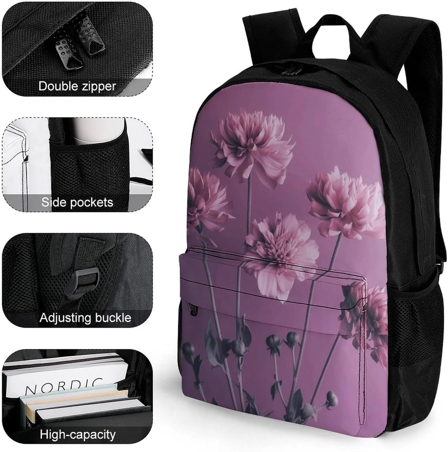 Backpack for Men Women Laptop Backpack Flowers on Purple Background Casual Daypack Laptop Bag for Travel