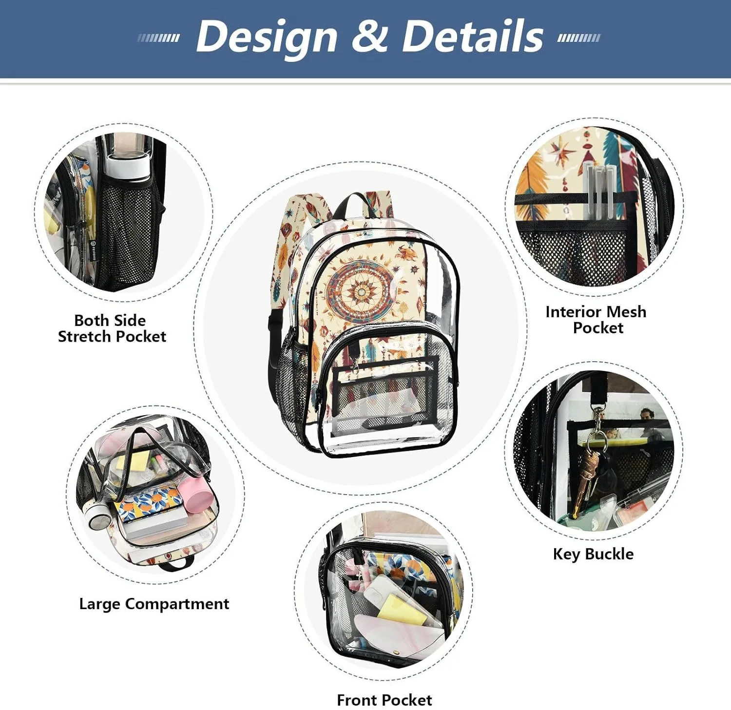 Backpack For School Clear Kids Clear Backpack For School For Adults Seethrough PVC Bags Western Cowboy Dream Catcher Startribal Primitive Charm Sparkling