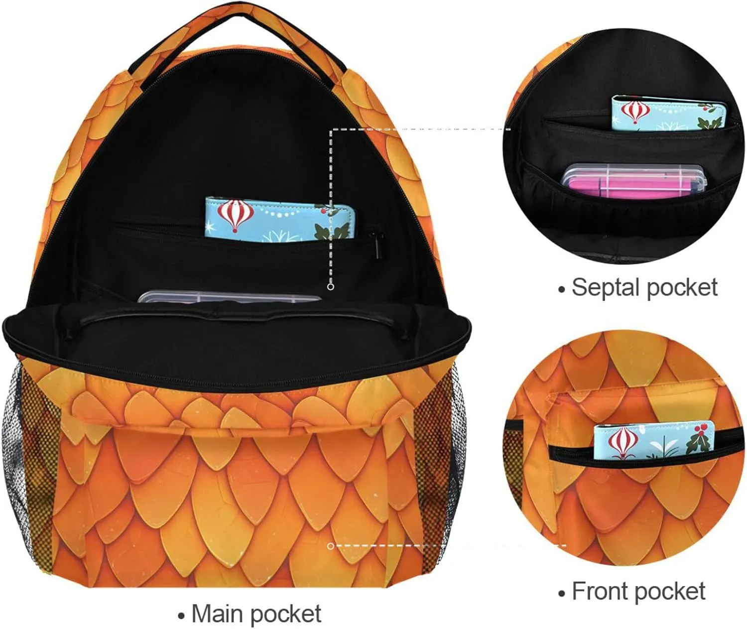 Backpack for Teens Boys Girls Fashion College School Computer Bag with Chest Strap for Travel Trip Orange Scales Glittering