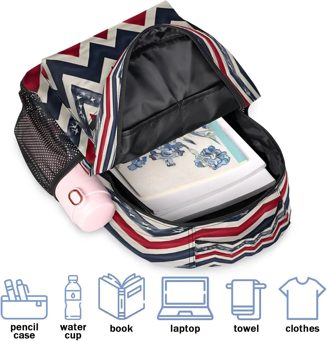 Backpack for Women Men, Memorial Day Casual Backpacks, Waterproof Lightweight Abstract Flag Daypack Bags for Travel Camping Work
