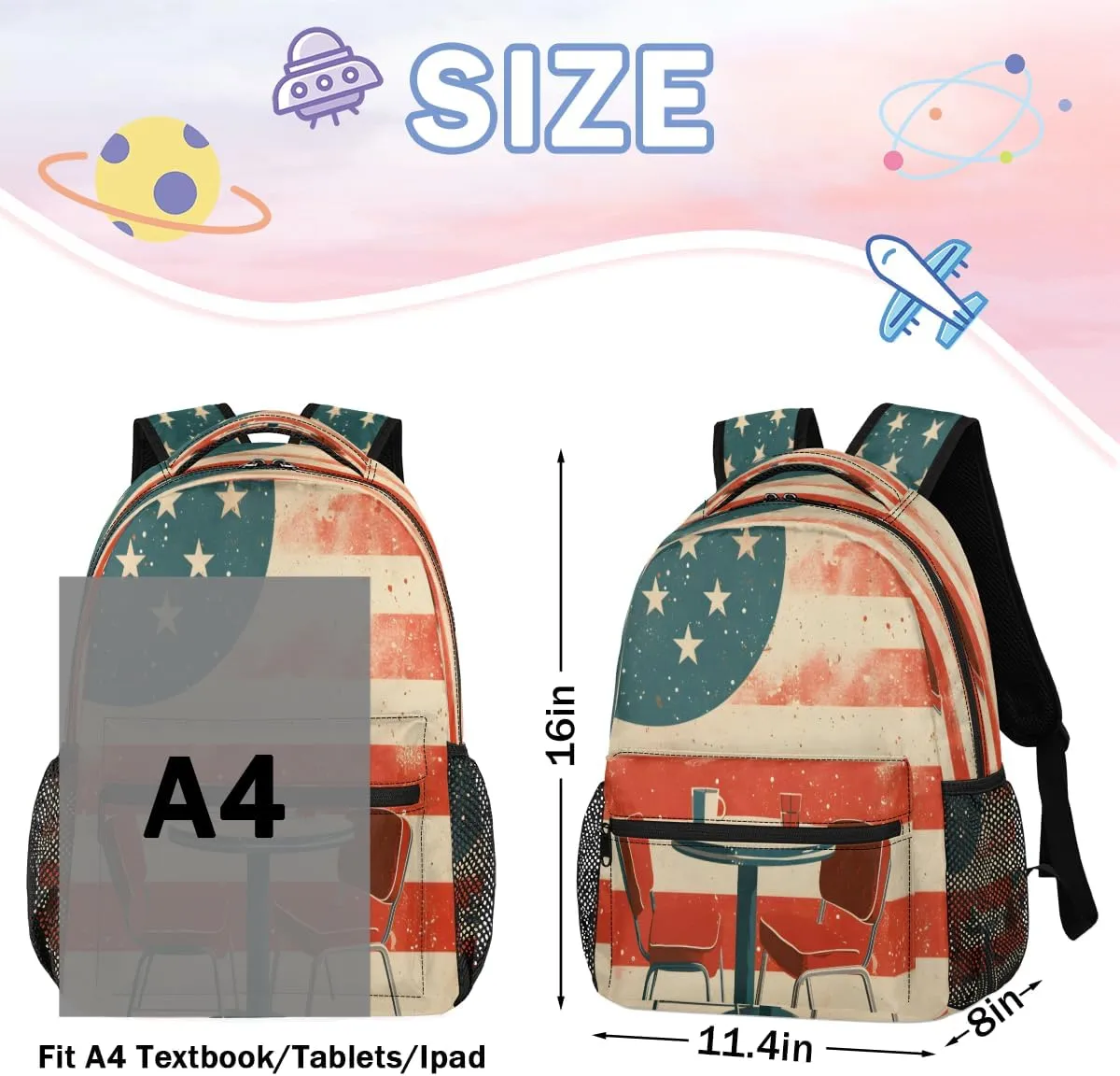 Backpack for Women Men, Waterproof 4th of July Casual Back Pack, Lightweight American Flag Coffee Shop Daypack Bag for Travel Camping Work