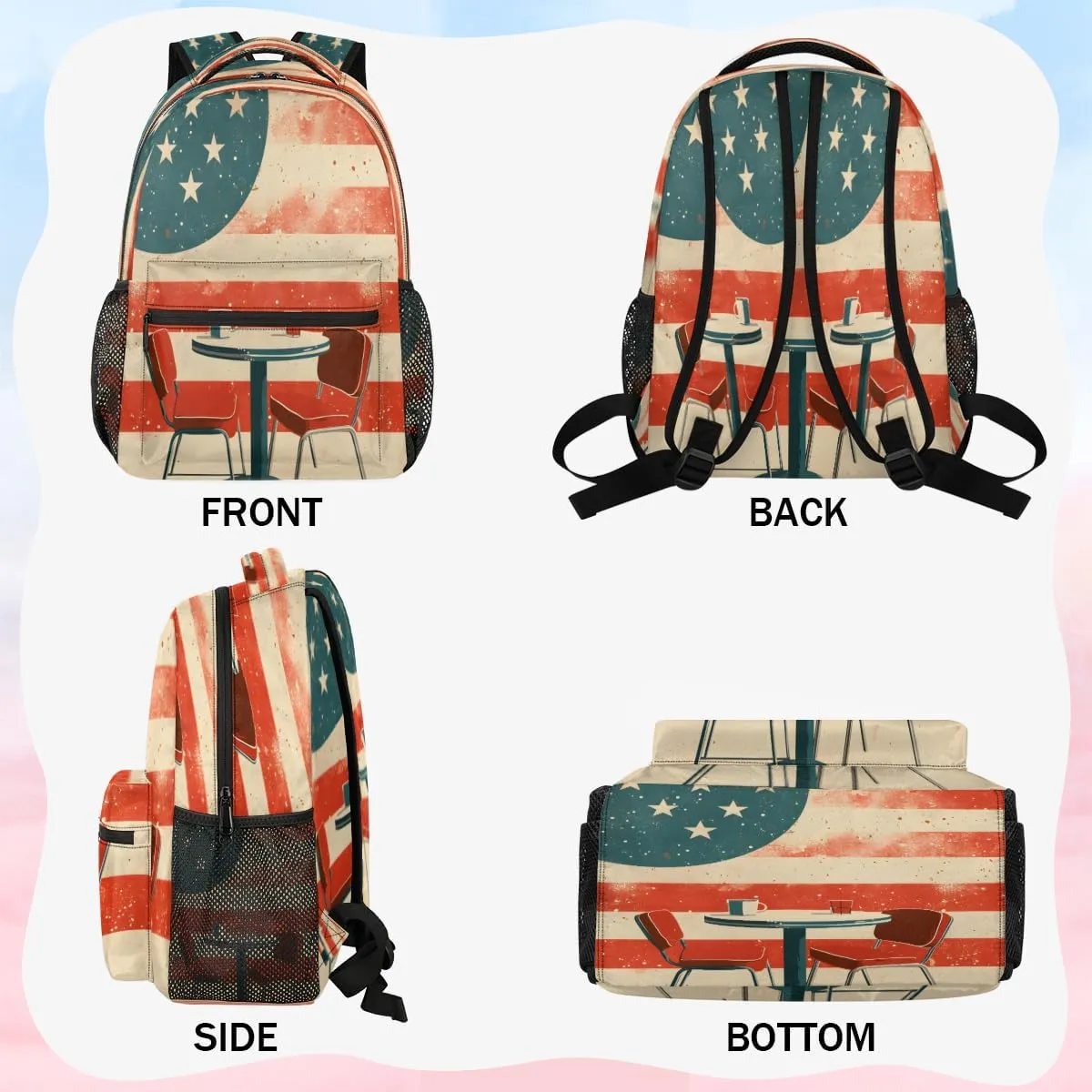 Backpack for Women Men, Waterproof 4th of July Casual Back Pack, Lightweight American Flag Coffee Shop Daypack Bag for Travel Camping Work