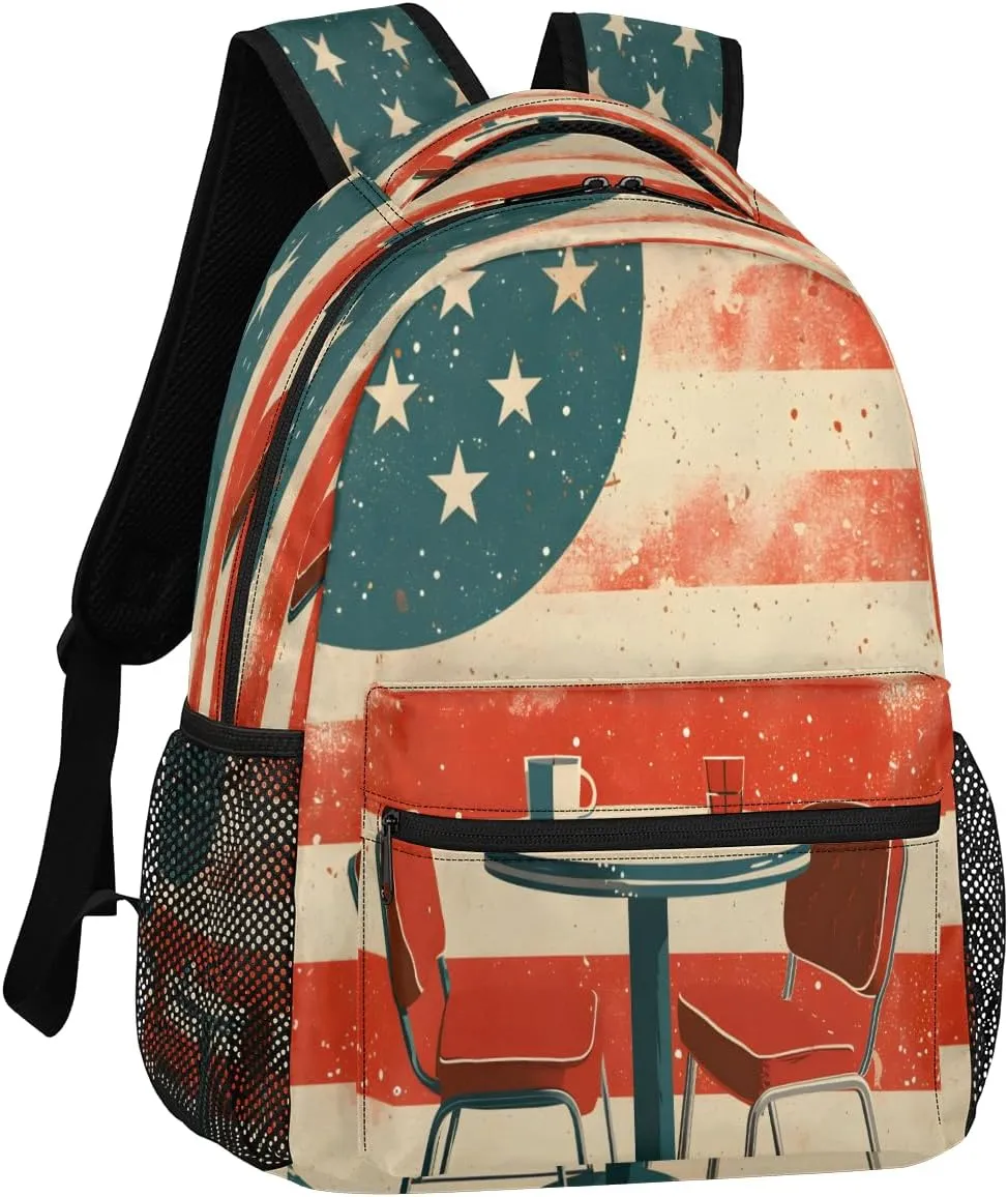 Backpack for Women Men, Waterproof 4th of July Casual Back Pack, Lightweight American Flag Coffee Shop Daypack Bag for Travel Camping Work
