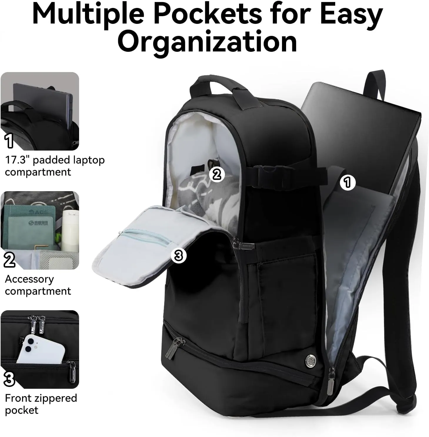 Backpack for Women Men,17.3 Inch Laptop Backpack with Shoes Compartment,40L Travel Backpack Carry on Flight Approved with Toiletry Bag(Black)
